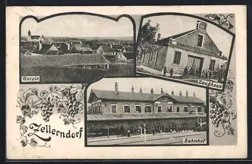 AK Zellerndorf, Bahnhof mit einfahrender Eisenbahn, Zeughaus der freiwilligen Feuerwehr, Totalansicht