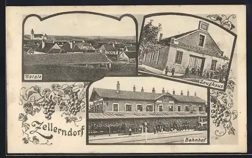 AK Zellerndorf, Bahnhof, Zeughaus und Totalansicht