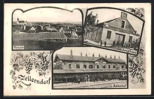 AK Zellerndorf, Bahnhof mit einfahrender Eisenbahn, Zeughaus der freiwilligen Feuerwehr, Totalansicht