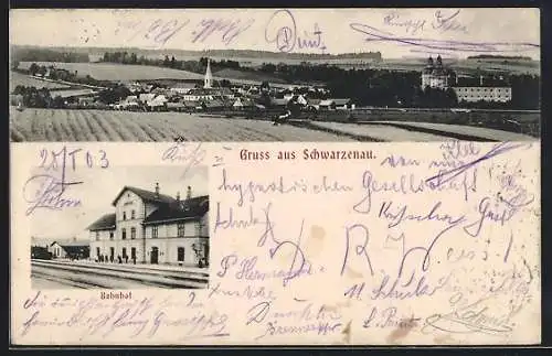 AK Schwarzenau N.-Oe., Blick auf den Bahnhof, Ortsansicht aus der Vogelschau