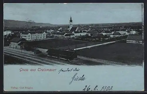 Mondschein-AK Traismauer, Ortspanorama mit Bahnhof