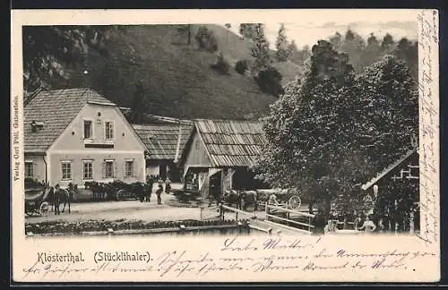 AK Gutenstein /N.-Oe., Klostertal, Ortspartie mit Pferdefuhrwerken