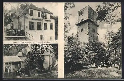 AK Greifenstein a. d. Donau, Café-Restaurant von Josef Spokker mit Besuchern, Turm im Wald