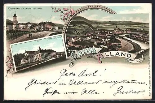 Lithographie Alland /N.Ö., Kirchenplatz mit Gasthof zum Löwen, Mayerling, Ortsansicht