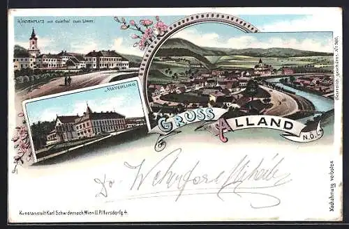 Lithographie Alland /N.Ö., Kirchenplatz mit Gasthof zum Löwen, Mayerling, Gesamtansicht