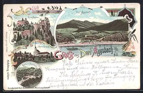 Lithographie Aggsbach /Donau, Dorf, Maria Langegg, Ruine Aggstein, Karthause-Aggsbach