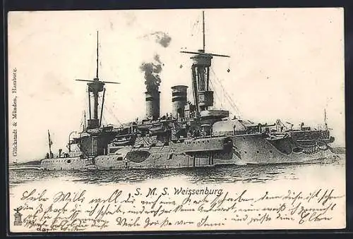 AK Kriegsschiff SMS Weissenburg nahe der Küste, Ostasiengeschwader