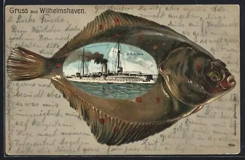 Lithographie Kriegsschiff SMS Hansa auf hoher See, Ansicht in einer Flunder, Ostasiengeschwader