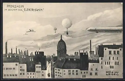 AK Pforzheim, Zukunftsvision der Stadt mit Zeppelin, Flugzeugen und Heissluftballon