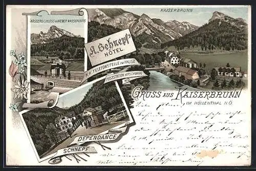 Vorläufer-Lithographie Kaiserbrunn i. Höllenthal, 1895, A. Schnepfs Hotel, Wasserschloss d. Wiener Wasserleitg.