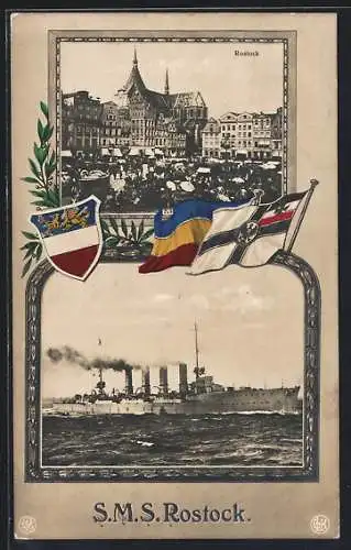 AK Rostock, Kriegsschiff S.M.S. Rostock, Marktplatz, Wappen und Reichskriegsfahne