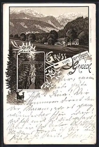 Vorläufer-Lithographie Graseck, 1894, Gasthaus Forsthaus mit Berglandschaft, Partnachklamm