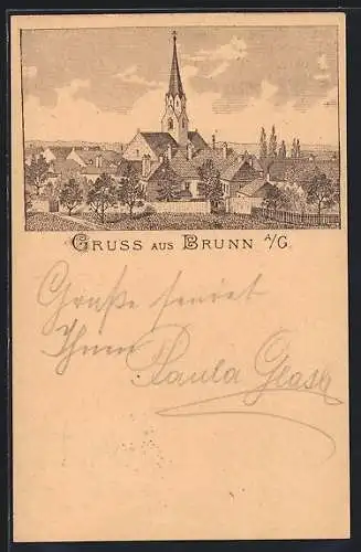 Lithographie Brunn a. G., Ortspartie mit Kirche