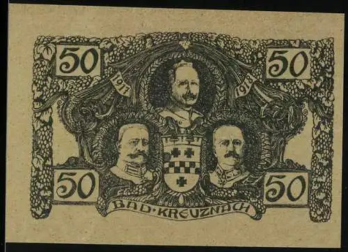 Notgeld Bad Kreuznach 1917-1918, 50 Pfennig, Porträts Kaiser Wilhelm II. u.a., Wappen und Brückenszene mit Sonnenaufgang