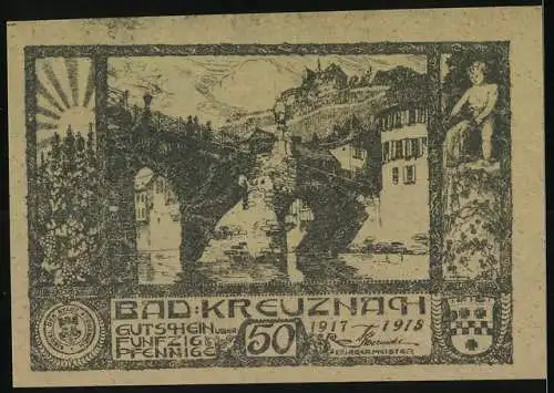 Notgeld Bad Kreuznach 1917-1918, 50 Pfennig, Porträts Kaiser Wilhelm II. u.a., Wappen und Brückenszene mit Sonnenaufgang