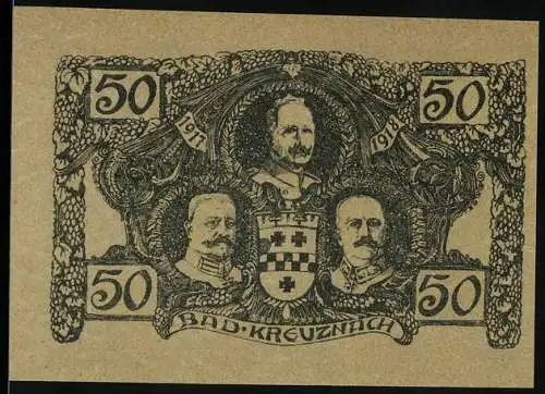 Notgeld Bad Kreuznach 1917-1918, 50 Pfennig, Porträts und Stadtansicht mit Brücke und Wappen