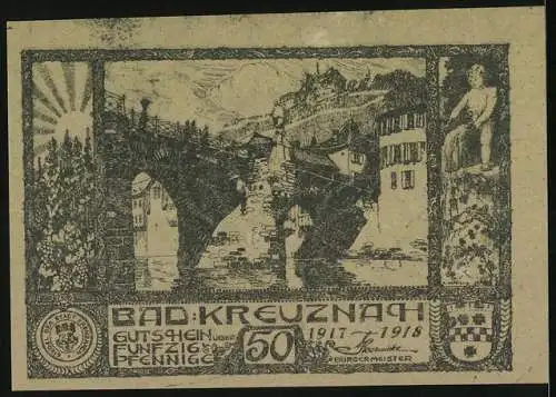 Notgeld Bad Kreuznach 1917-1918, 50 Pfennig, Porträts und Stadtansicht mit Brücke und Wappen