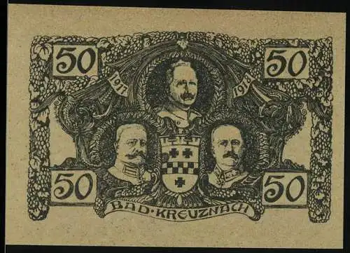 Notgeld Bad Kreuznach 1917-1918, 50 Pfennig, Porträts und Brückenansicht, Wappen und Seriennummer enthalten