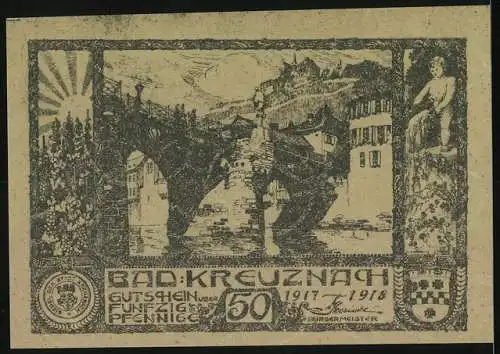 Notgeld Bad Kreuznach 1917-1918, 50 Pfennig, Porträts und Brückenansicht, Wappen und Seriennummer enthalten