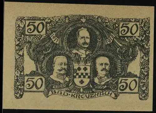 Notgeld Bad Kreuznach 1917-1918, 50 Pfennig, Porträts und Stadtansicht mit Brücke und Wappen