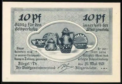 Notgeld Bürgel 1921, 10 Pfennig, Keramikgeschirr und St. Georg mit Drache, Stadtwappen und Dekor