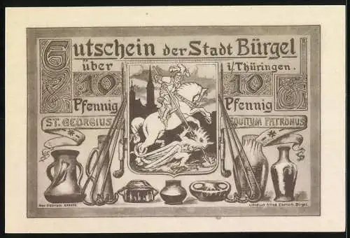 Notgeld Bürgel 1921, 10 Pfennig, Keramikgeschirr und St. Georg mit Drache, Stadtwappen und Dekor