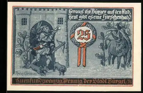 Notgeld Bürgel 1921, 25 Pfennig, Jägerszene und Hirsch, Stadtwappen und Teekannen, Nr. 13131