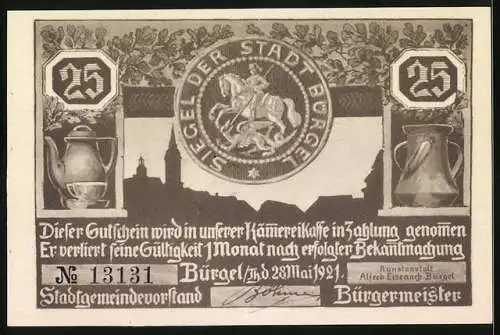 Notgeld Bürgel 1921, 25 Pfennig, Jägerszene und Hirsch, Stadtwappen und Teekannen, Nr. 13131