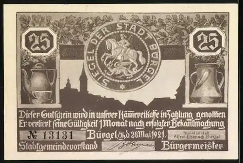 Notgeld Bürgel 1921, 25 Pfennig, Herzog, Jagd, Siegel der Stadt, Seriennummer 13131