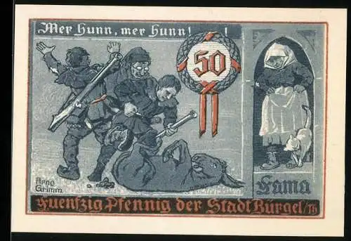 Notgeld Bürgel 1921, 50 Pfennig, Soldaten mit Esel, Frau mit Katze, Siegel der Stadt, Nr. 13131