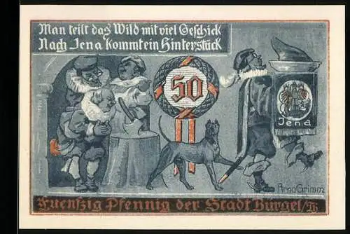 Notgeld Bürgel 1921, 50 Pfennig, humorvolle Darstellung mit Hund, Seriennummer 13131, Stadtwappen mit Reiter