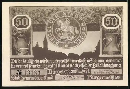 Notgeld Bürgel 1921, 50 Pfennig, humorvolle Darstellung mit Hund, Seriennummer 13131, Stadtwappen mit Reiter