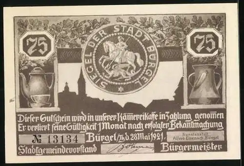 Notgeld Bürgel 1921, 75 Pfennig, Stadtspiele und Feierei, Dackel, Siegel der Stadt, Nr. 13134