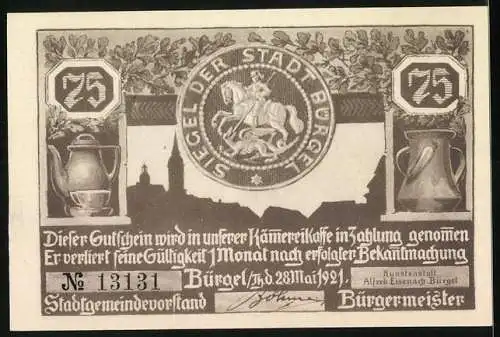 Notgeld Bürgel 1921, 75 Pfennig, Mönche und Stadtwappen, Seriennummer 13131