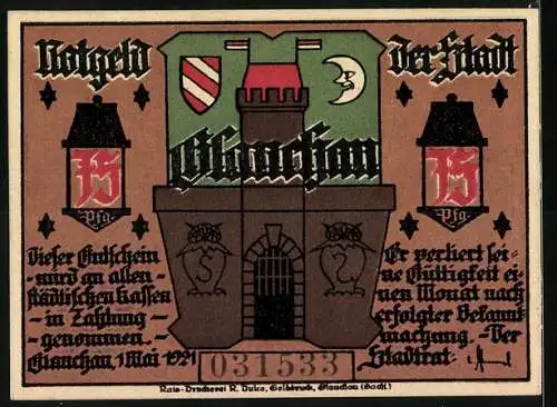 Notgeld Lübbenau 1921, 75 Pfennig, Silhouetten-Szene, Burgtor und Wappen, Seriennummer 031533