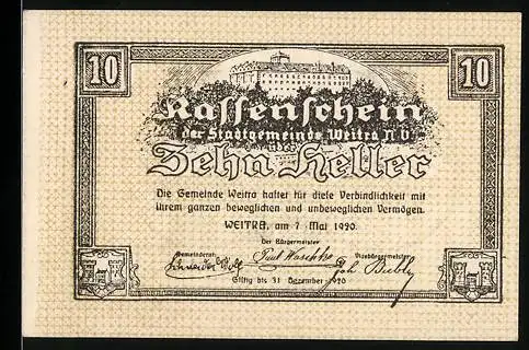 Notgeld Weitra 1920, 10 Heller, Stadtansicht mit Schloss und Kirche