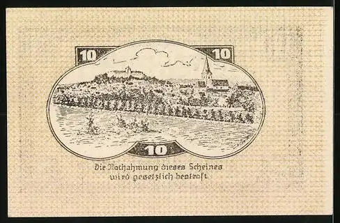 Notgeld Weitra 1920, 10 Heller, Stadtansicht mit Schloss und Kirche