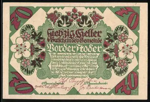 Notgeld Vorderstoder 1921, 70 Heller, florale Ornamente und Landschaft mit Kirche und Häusern