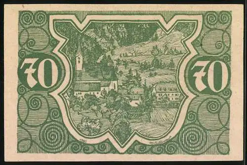 Notgeld Vorderstoder 1921, 70 Heller, florale Ornamente und Landschaft mit Kirche und Häusern