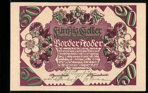 Notgeld Vorderstoder 1920, 50 Heller, florales Muster und Landschaft mit Kirche und Bergen