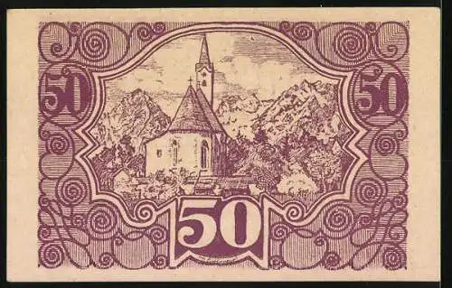 Notgeld Vorderstoder 1920, 50 Heller, florales Muster und Landschaft mit Kirche und Bergen