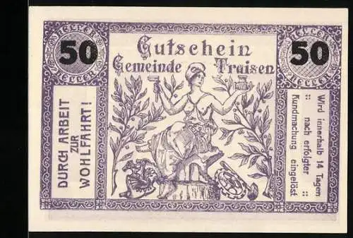 Notgeld Traisen 1921, 50 Heller, Frau mit Füllhorn und Drache zwischen Säulen