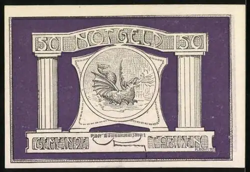 Notgeld Traisen 1921, 50 Heller, Frau mit Füllhorn und Drache zwischen Säulen