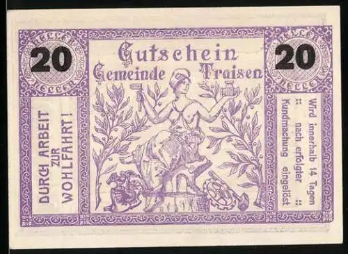 Notgeld Traisen, 20 Heller, Allegorie der Wohlfahrt und Gebäudemotiv, lila Gestaltung