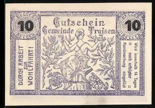 Notgeld Traisen, 10 Heller, Allegorie der Arbeit und Industrielandschaft mit Fabriken