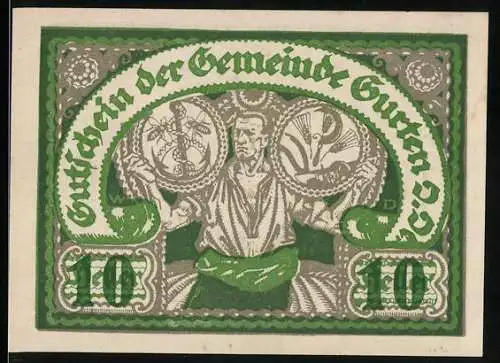 Notgeld Gurten 1920, 10 Heller, Arbeiter mit Zahnrad und Ähren, geschwungene Ornamente