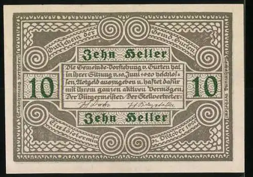 Notgeld Gurten 1920, 10 Heller, Arbeiter mit Zahnrad und Ähren, geschwungene Ornamente