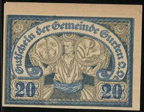 Notgeld Gurten 1920, 20 Heller, Darstellung mit Wappen und floralen Mustern