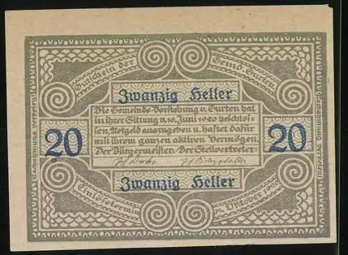 Notgeld Gurten 1920, 20 Heller, Darstellung mit Wappen und floralen Mustern