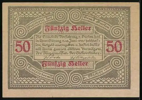 Notgeld Gurten, 50 Heller, Göttin mit Schilde und kunstvollem Randmuster